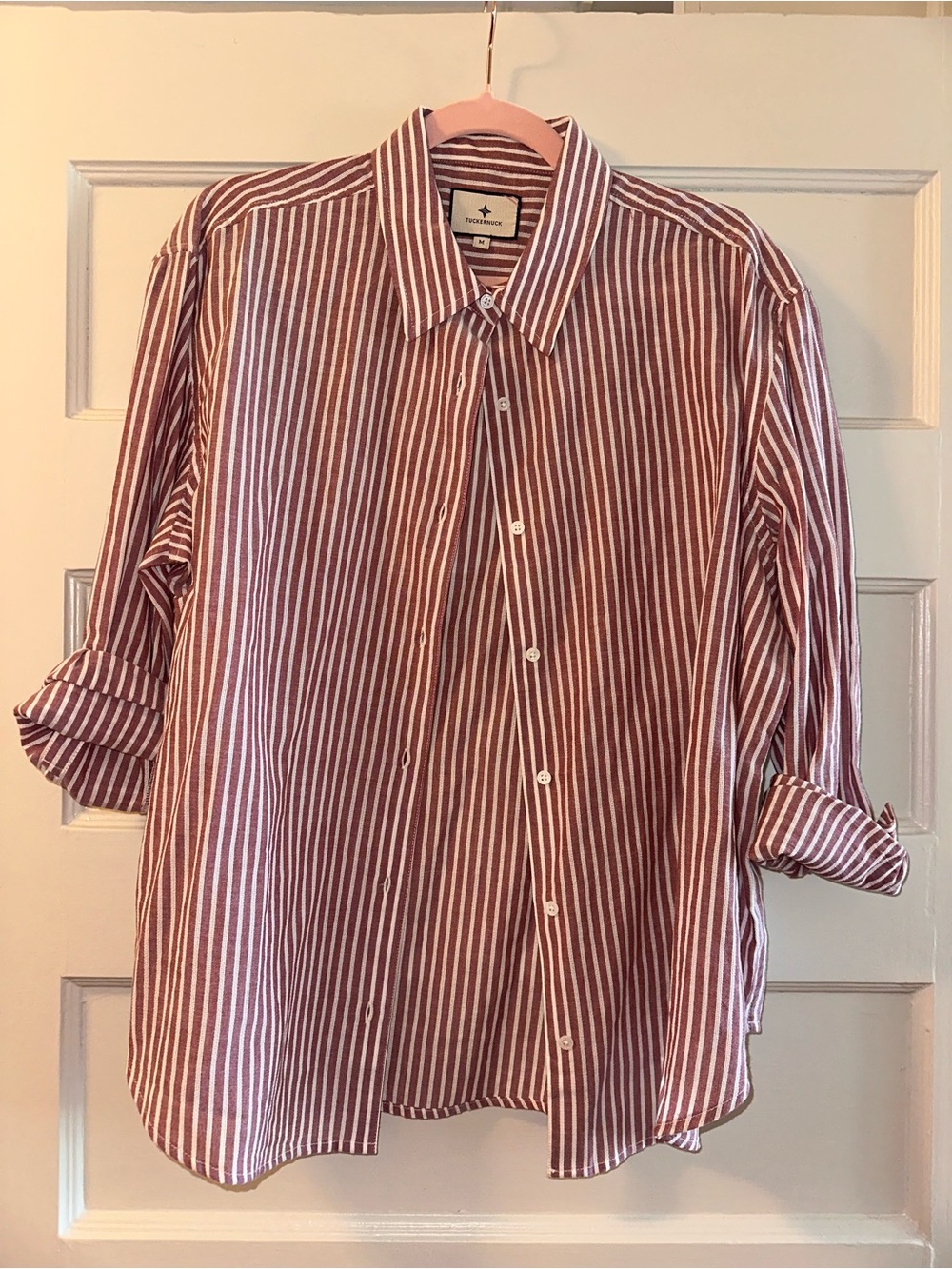 Tuckernuck Women’s Burgundy and White Striped Button-Up Shirt